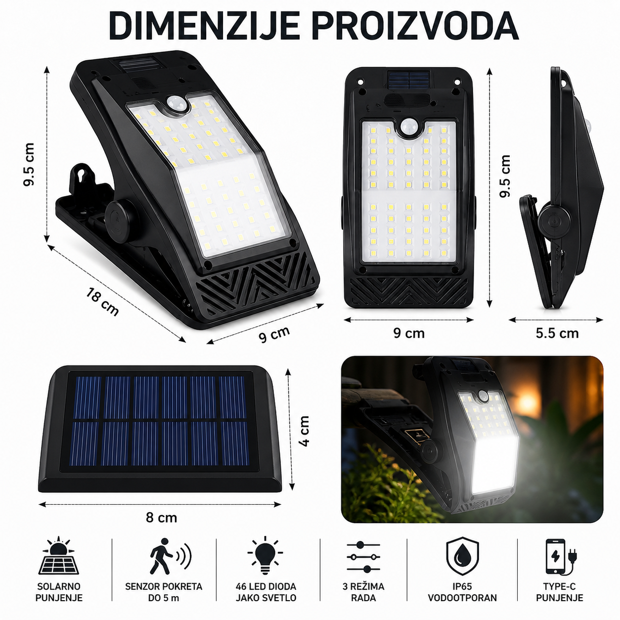 LED solarni reflektor sa štipaljkom
